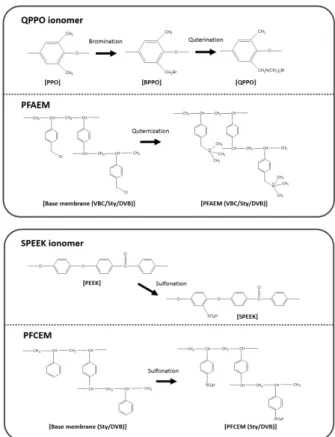 Fig. 2. Main functionalization reactions of the prepared  ionomers and pore-filled ion-exchange membranes.