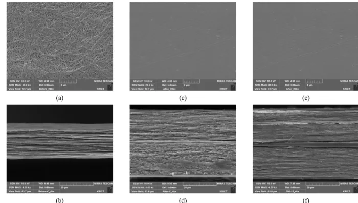 Fig. 3. SEM images of the anion exchange membranes using a porous PE substrate : (a) Surface of the porous PE substrate  (×20000), (b) Cross-section of the PE substrate (×4000), (c) Surface of PEMGA-0 (×20000), (d) Cross-section of PEGMA-0  (×4000), (e) Su