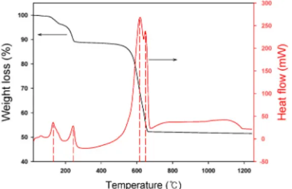 Fig. 2. TG and DSC curve of SrCo 0.8 Fe 0.1 Nb 0.1 O 3-δ  precursor.
