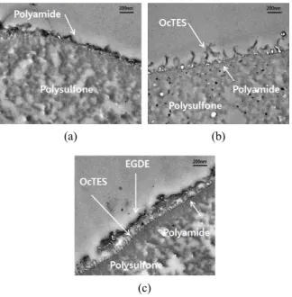 Fig. 5. FE-TEM image of RO membrane surface; (a)  SUL-H10, (b) PA-OcTES 1.0 , (c) PA-OcTES 1.0 -EGDE 0.5 .2.4