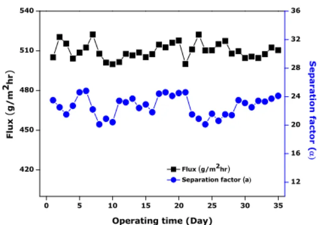 Fig. 8. Flux and separation factor of the PDMS membrane module of the Nagasep Co..