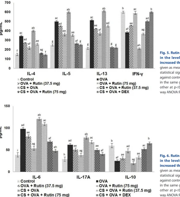 Fig. 6. Rutin caused marked decrease  in the levels of Th17 cytokines and  increased the levels of IL-10