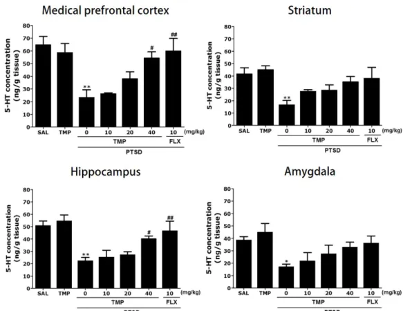 Fig. 5. Effects of TMP on the serotonin (5-HT) concentration in the brains of rats exposed to SPS