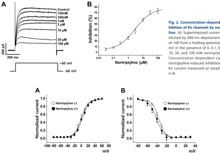 Fig. 2. Concentration-dependent in- in-hibition of Kv channels by nortrip  ty-line. (A) Superimposed currents were  elicited by 600-ms depolarizing pulse  of +60 from a holding potential of –60  mV in the presence of 0, 0.1, 0.3, 1, 3,  10, 30, and 100 mM 