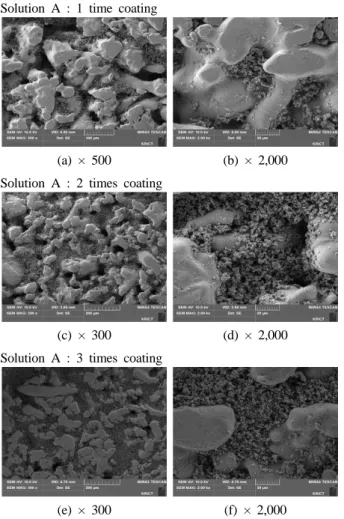 Fig. 6. FE-SEM images of surface of porous metal support, 3 times coated with Solution A, after coating with Solution B.