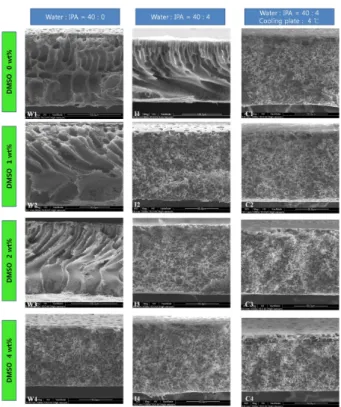 Fig.  2.  Cross-sections  of  PSF  membrane  prepared  by  various  DMSO  concentration,  coagulation  solution  and  temperature  of  casting  plate