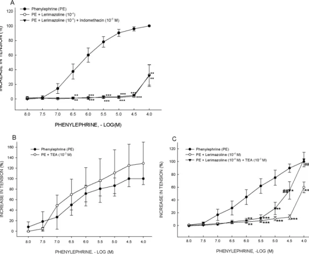 Fig. 4. Effects of indomethacin and TEA on the vasoconstrictor responses induced by phenylephrine and lerimazoline