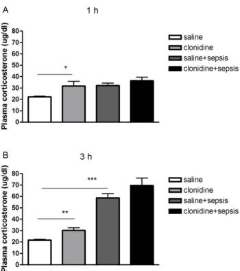 Fig. 3. Effect of intrathecally (i.t.) administered clonidine on plasma  corticosterone level in control and sepsis groups