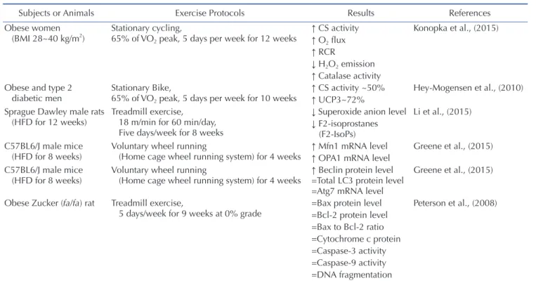 Table 2. Effects of exercise training on mitochondrial function, dynamics, and apoptosis in obese skeletal muscle 