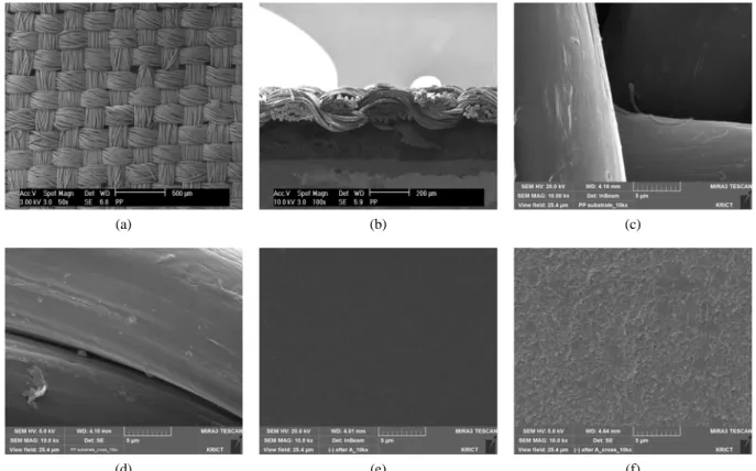 Fig. 3. SEM images of the PP substrate &amp; the anion exchange membrane : (a) surface of substrate (×50), (b) cross-section of substrate (×100), (c) surface of substrate (×10000), (d) cross-section of substrate (×10000), (e) surface of membrane (×10000), 