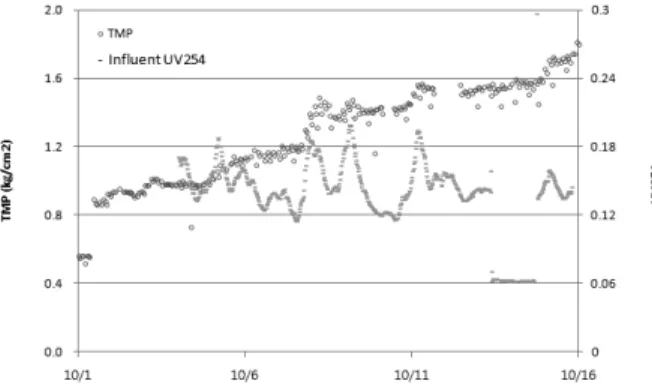 Fig. 4. TMP and UV 254  of MF operation in 5 ppm PAHCS pretreatment condition.