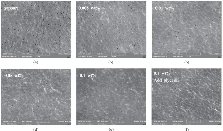 Fig. 4. FE-SEM images of the membrane surfaces. (a) PVDF support membrane and membrane coated with different PVA  contents of (b) 0.005 wt%, (c) 0.01 wt%, (d) 0.05 wt%, (e) 0.1 wt%, (f) 0.1 wt% + 3 wt% glycerin (× 50,000).