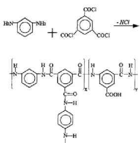 Fig. 1. Chemical structure of fully cross-linked aromatic  polyamide. 은 가장 효과적인 방법으로 지지체 위에 초박막층을 형 성시켜 막 공정의 최대 결점인 낮은 투과량을 개선시킬  수 있고 기계적 물성뿐만 아니라 내화학성,  고온에 대 한 열적안정성 등을 향상시킨다[6-8]