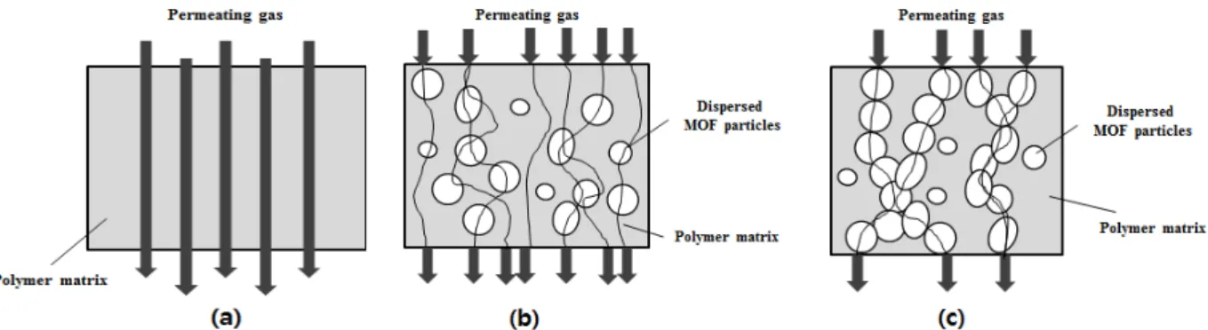 Fig. 10. Schematic diagram of the gas permeation path. (a) pure polymer matrix, (b) mixed-matrix with low loadings of  MOF, (c) mixed-matrix with high loadings of MOF[11].