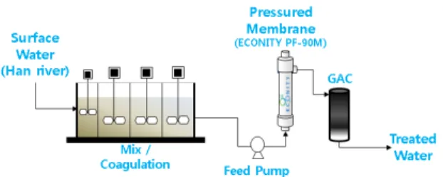Fig. 1. Schematic diagram of Coagulation -MF-GAC water  treatment system.