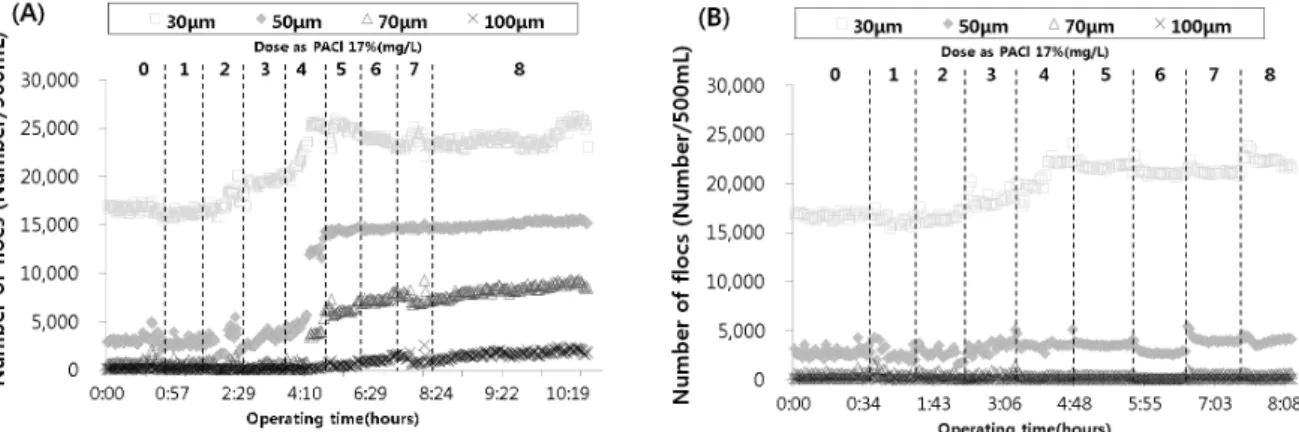 Fig. 3. Variations flocs of coagulation when increase the PACl concentration in raw water turbidity less than 10 NTU con- con-ditions (A) Coagulation tank, (B) After passing through the pump.