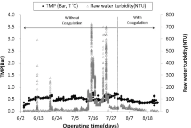 Fig. 9. Change of TMP according to the injection of coag- coag-ulants of raw water in pilot plant test.