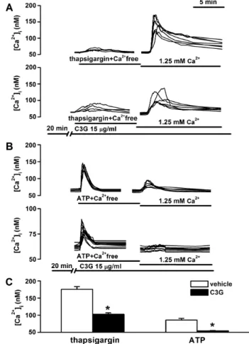 Fig. 3. Inhibitory effects of cyanidin-3-glucoside on thapsigarin or  ATP-induced store-operated calcium entry (SOCE)
