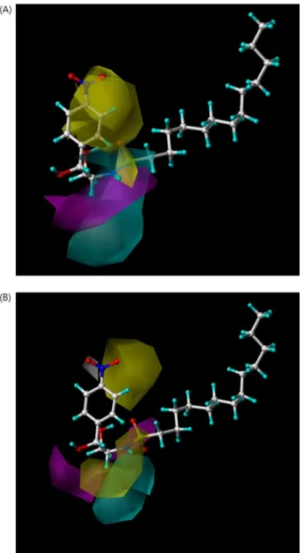 Fig. 3. 3D-contour maps of the CoMSIA models with electrostatic,  hydrophobic, and hydrogen bond acceptor fields