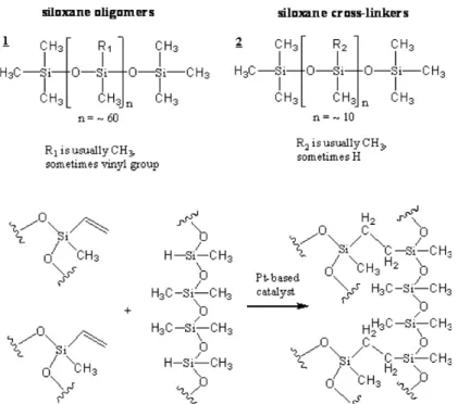 Fig. 1. Crosslinking reaction mechanism of PDMS. 은 scale-up  또는 scale-down이 용이하고 저렴한 설치비 와 운영비를 이점으로 가지고 있어 경제적으로 유리하 다