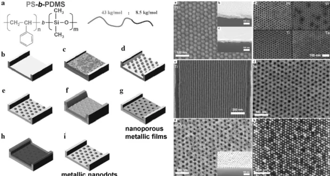 Fig. 11. Nano-porous structure by converting block copolymer: scheme of patterning block copolmyer (left) and SEM images  (right)[19].