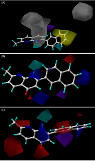 Fig. 3. Three-contour maps for the CoMSIA models. (A) Cervical  cancer cell line (HeLa), (B) leukemia cell line (HL-60), and (C)  prostate cancer cell line (PC-3)