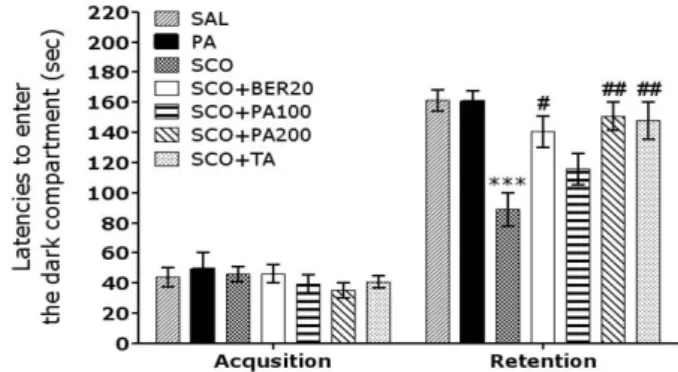 Fig. 2. Effect of PA and BER on the latencies to enter the dark  compartment in the acquisition trial and in the retention test  during the PAT test