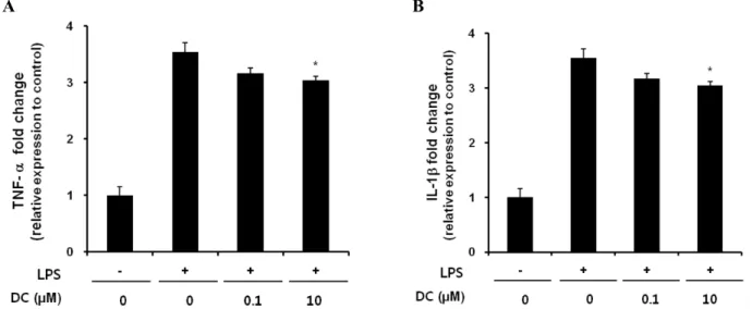 Fig. 4. Effects of DC on the gene expression of TNF-α (A) and IL-1β (B) in LPS-stimulated BV2 microglial cells