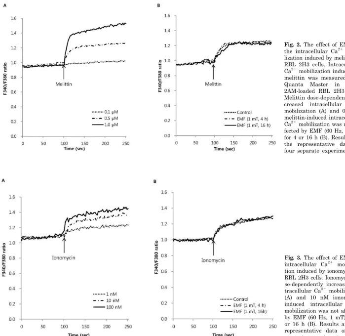 Fig. 2. The effect of EMF on  the intracellular Ca 2＋   mobi-lization induced by melittin in  RBL 2H3 cells