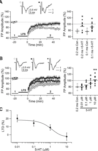 Fig. 1. Inhibitory effect of 5-HT on the induction of LTD. (A) Effect  of 5-HT on the induction of LTD in 3-week-old rats