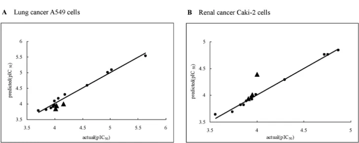 Fig. 1. Scatter plot of actual activities versus predicted activities against A549 (A) and Caki-2 (B) tumor cell lines (●: training set molecules,