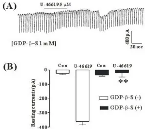 Fig. 2. The effects of GDP-β-S in response to TXA 2  induced  pacemaker currents from ICC of mouse small intestine (A)  Pacemaker currents from ICC exposed to TXA 2  (5μM) in the  presence of GDP-β-S (1 mM) in the pipette