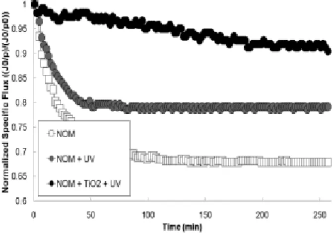 Fig. 4. Normalized specific permeate flux declines due to  photocatalysis under UV irradiation in submerged,  hol-low-fiber microfiltration without aeration (HA = 50 mg/L,  TiO 2  = 150 mg/L, UV intensity = 4 watt, pH 6.5, set-  point flux = 100 LMH).