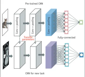 Fig. 4. Transfer learning.  Transfer learning is process of taking pre- pre-trained model (usually pre-trained on large dataset, such as ImageNet)  and “fine-tuning” model with new dataset