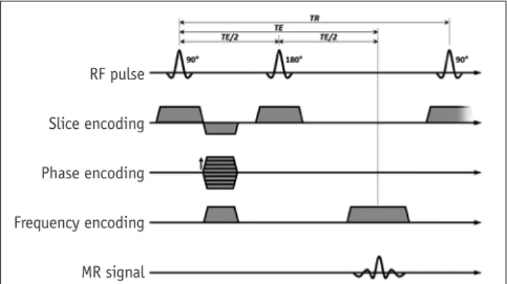 Fig. 1. Spin echo sequence.  RF = radio frequency, TE = time of echo,  TR = time of repetition