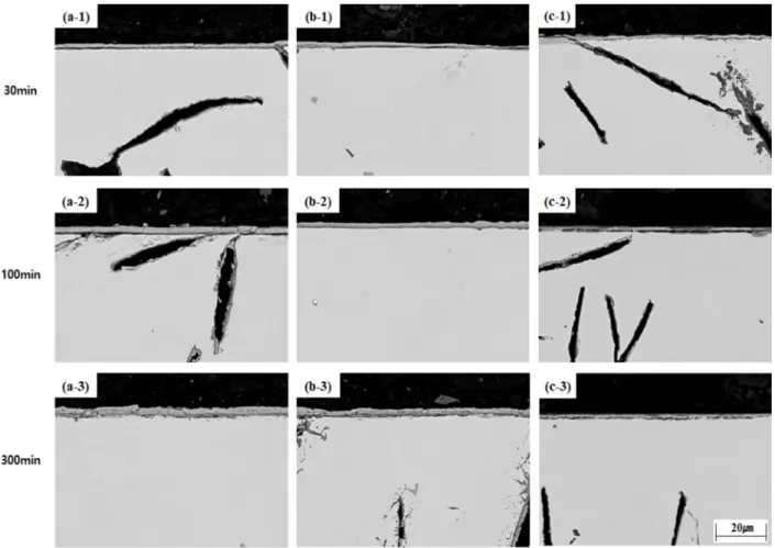 Fig. 11. Cross section SEM image after aging at 500 o C : (a) 0 wt.% Al-cast iron, (b) 2 wt.% Al-cast iron, (c) 4 wt.% Al-cast iron.