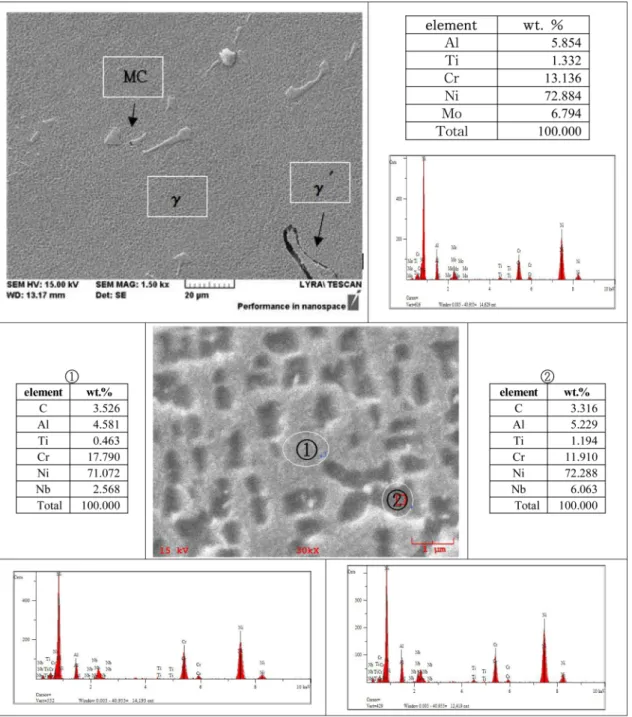 Fig. 7 은 Inconel 713C의  용체화  및  시효처리  진공  열처 리한  것을 SEM-EDS로 1,500배로  관찰하였다.  전반적으로 주방 상태에 비교하여 많은 석출물들이 생성한 것이 관찰된 다