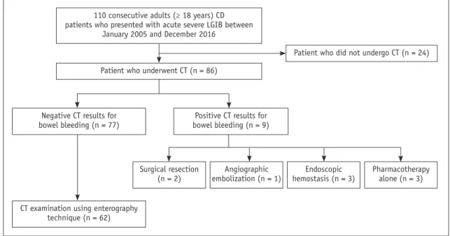 Fig. 1. Flow diagram of study patients.  CD = Crohn’s disease, CT = computed tomography, LGIB = lower gastrointestinal bleeding 110 consecutive adults (≥ 18 years) CD  