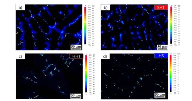 Fig. 5.  TEM dark field images showing γ” precipitates of Alloy 718 (a) in the interdendritic region after HHT, (b) in the dendrite core region after HHT, (c) in the interdendritic region after HS and (d) in the dendrite core region after HS.