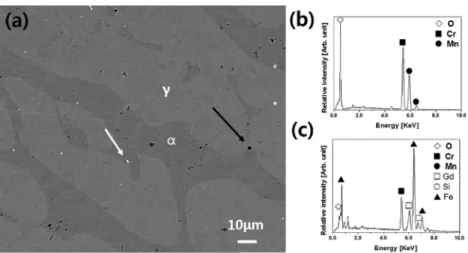 Fig. 8.  (a) SEM image and EDS peaks of (b) black and (c) white inclusion in Alloy3.