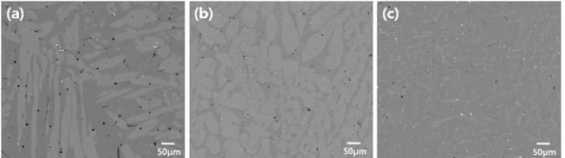 Fig. 5.  SEM images of microstructure of experimental alloys (a) A1(Al 2 O 3 ), (b) A2(MgO), and (c) A3(CaO+Y 2 O 3 ).