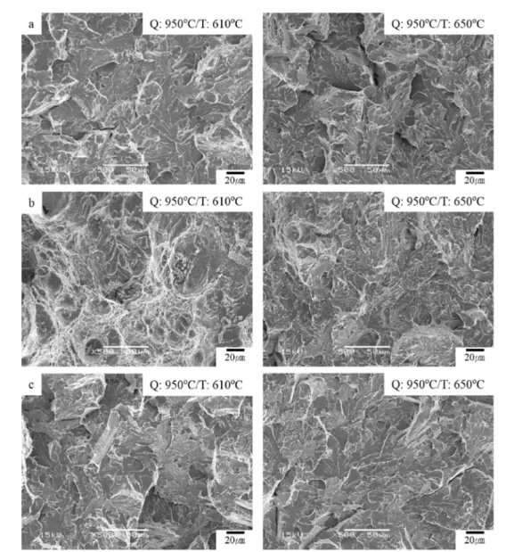 Fig. 9.  The SEM fractographs of low temperature impact tested (a) A487, (b) A487+C and (c) A487-C alloys tempered at different temperatures of 610 o C and 650 o C