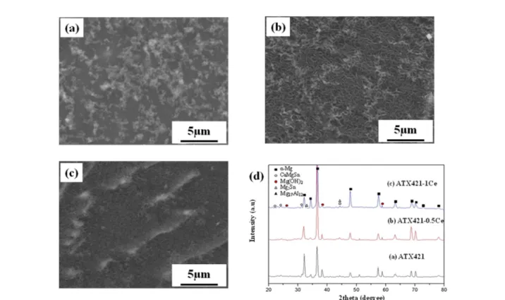 Fig. 9. FE-SEM images of corrosion production film formed on the surfaces of (a) ATX421, (b) ATX421-0.5Ce and (c) ATX421-1Ce alloys (d) X-ray diffraction patterns in the as-corroded surface of ATX421-xCe alloys.