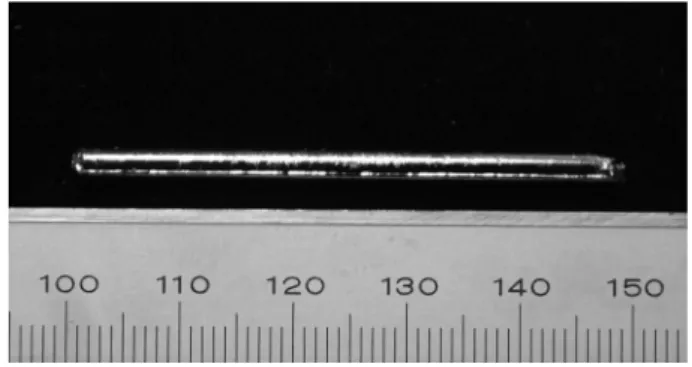 Fig. 1은 injection casting 장비에서 Cu 몰드를  이용하여 제조한  봉상시편의  외관을  나타낸다. Fig. 2 는 Zr을 Sn으로  치환하여  제조한  모합금을 injection casting 법으로 제작한 벌크 시편의 XRD 분석 결과이다