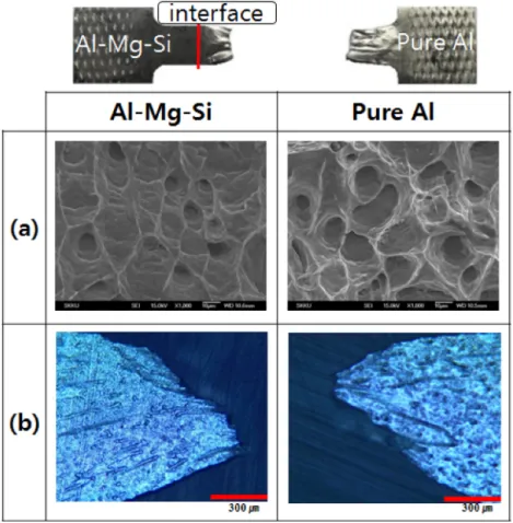 Fig. 9.  (a) Fracture surfaces and (b) microstructures in the vicinity of fracture surface in Al-Mg-Si alloy and pure Al.