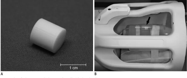Fig. 1. Photographs of phantom and phantom installed in head coil.