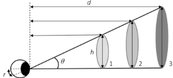 Fig.  1  Principle  of  size  perception.  Objects  1,  2,  and  3  have  the  same  visual  angle  and  retinal  image  size
