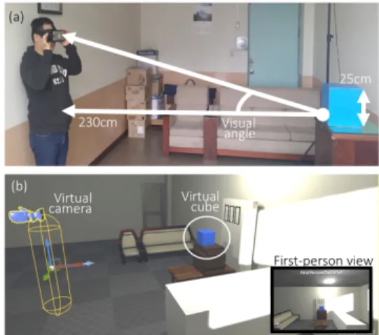 Fig.  2  Experimental  setup.  (a)  The  subject  observes  a  25cm  cube  placed  at  a  distance  of  230cm  horizontally