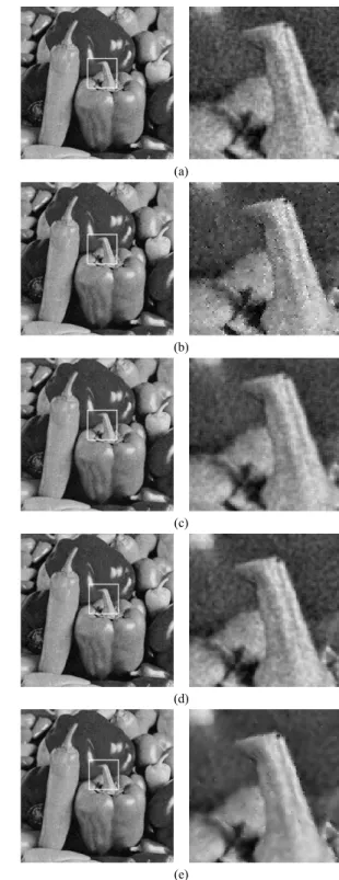 Fig.  3  Simulation  result  (Lena  image,    )  (a)  SWF  (b)  EDWF  (c)  FLBF  (d)  LSKF  (e)  PFA