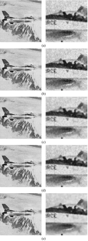 Fig.  5  Simulation  result  (Airplane  image,    ) (a)  SWF  (b)  EDWF  (c)  FLBF  (d)  LSKF  (e)  PFA
